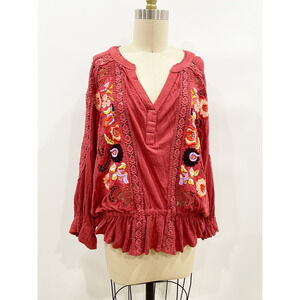 Free People Womens Blouse Red Floral Long Sleeve Notch Neck Embroidered XS New